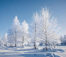Fototapeta premium Winter panorama landscape with a snow-covered forest and trees at sunrise. A winter morning marking the beginning of a new day. Winter landscape with sunset, panoramic view.