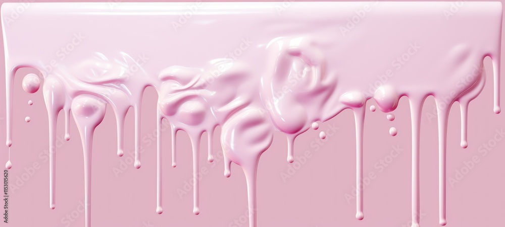 Poster soft pink paint dripping on a light pink surface, creating a glossy and smooth texture ideal for bac
