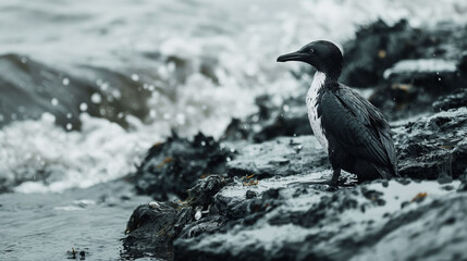 Fototapeta premium Drenched sea bird struggles on an oil-covered shore with polluted waves crashing nearby