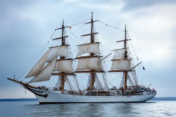 A majestic tall ship sailing on calm waters.
