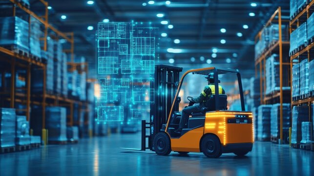 Workers operating autonomous forklifts in a large warehouse, glowing digital overlays showing realtime inventory, cyberpunkinspired theme