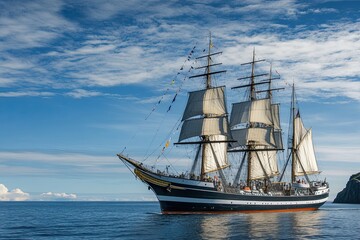 Fototapeta premium A majestic tall ship sailing on calm waters under blue skies.