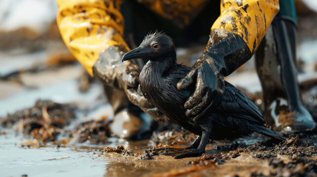 Volunteer cleans oil-soaked bird on the beach while wearing gloves amidst a cleanup effort