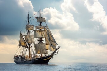 Fototapeta premium A majestic tall ship sailing on calm waters under clouds.
