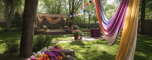 Naklejka premium A vibrant outdoor event space adorned with colorful drapes and floral arrangements.