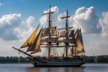 A majestic tall ship sailing on calm waters under clouds.