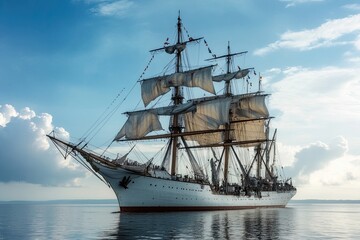 A majestic tall ship sailing on calm waters under clouds.