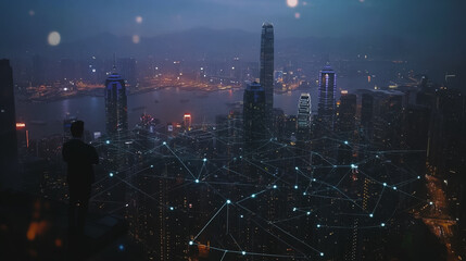 Fototapeta premium Smart digital city with connection cyber security network reciprocity over the cityscape . future smart wireless digital city and social media networking systems that connects people within the city