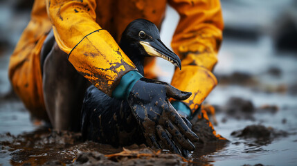 Obraz premium Volunteer cleans oil-soaked bird on beach while wearing gloves and protective gear to help wildlife recovery efforts
