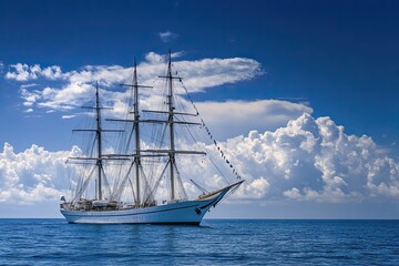 Fototapeta premium A majestic tall ship sailing on calm waters under clouds.