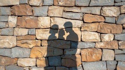 Intimate Silhouette of Affectionate Couple Against Rustic Stone Wall