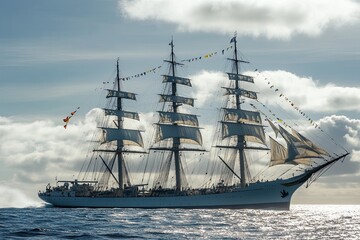 A majestic tall ship sailing on open waters.