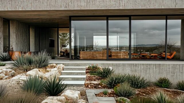 Modern concrete house with large windows in desert landscape