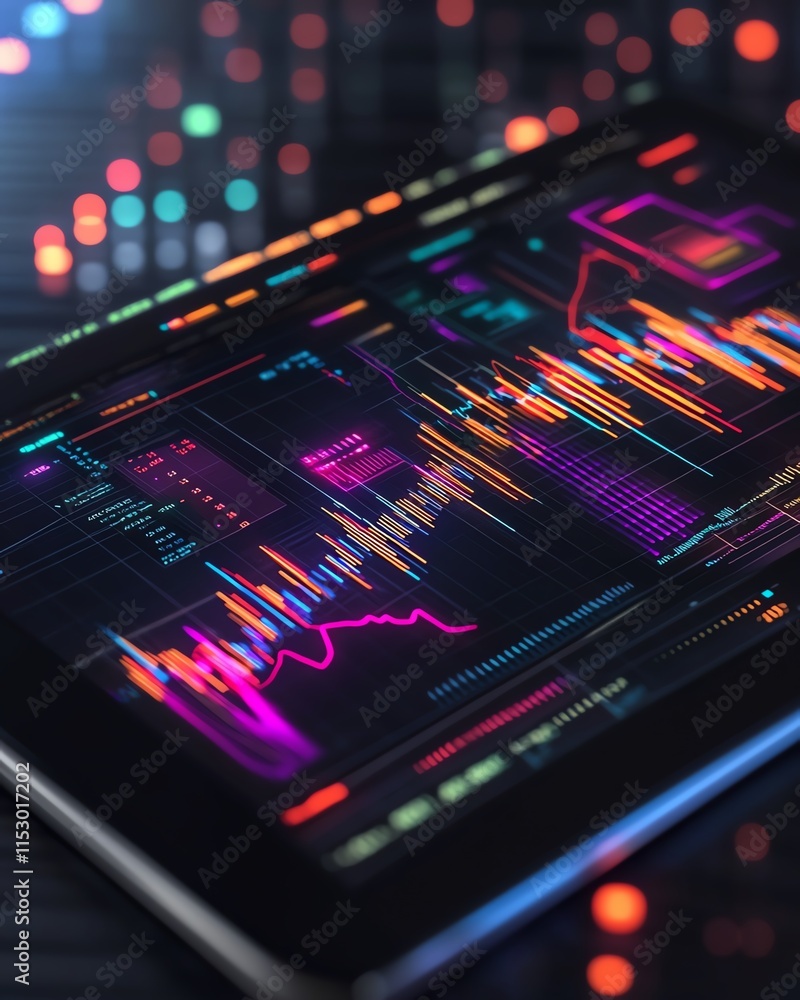 Poster digital stock market trading chart on tablet, financial analysis and investment prediction, market d