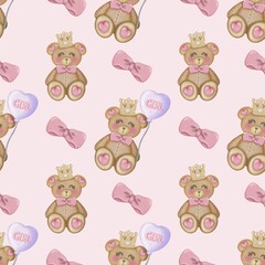 Baby girl cute bear seamless pattern hand drawn on pink color background, Children's design. Ideal for children's textiles.
