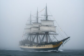 A majestic tall ship sailing through foggy waters.