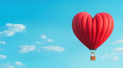 Obraz premium Red Heart shaped Hot Air Balloon Floating Serenely in Bright Blue Sky with Clouds