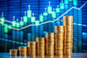 Bitcoin Cryptocurrency Financial Growth: Stacked Coins & Bullish Chart