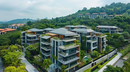 Fototapeta premium Luxurious Modern Apartment Complex Nestled in a Lush Green Hillside Setting