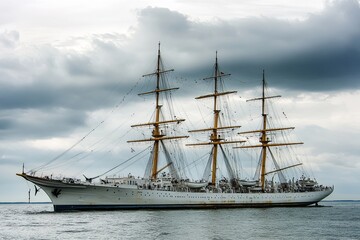 A majestic tall ship sailing under cloudy skies.