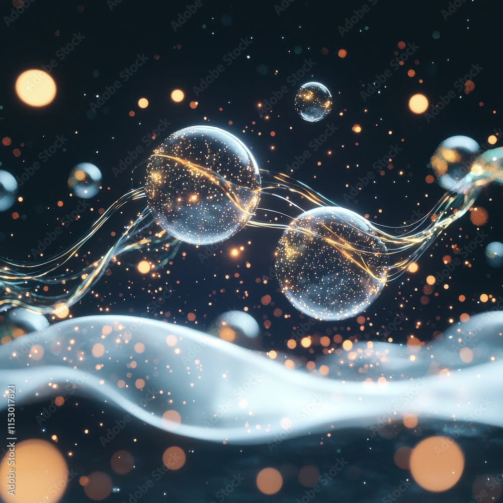 Poster dynamic floating orbs connected by glowing threads of energy in an abstract digital environment