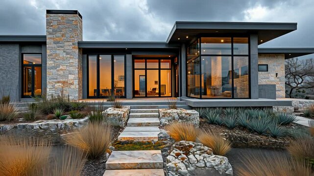 Modern stone and glass house exterior with landscape design