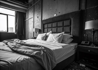 Black & White Hotel Room: Cozy Bed, Pillows, Urban Exploration Interior Design