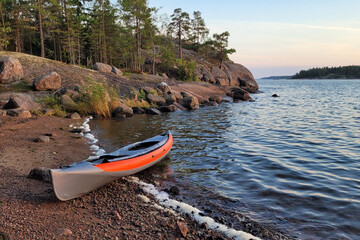 Two Kayaks Resting on the Shoreline in Bush Bay Near Cedarville Michigan Lake Huron