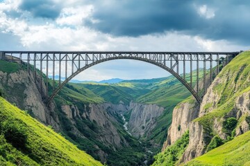 Obraz premium Experience the majestic steel railway bridge overlooking a stunning deep valley showcasing engineering marvels amid scenic landscapes and nature’s aesthetic beauty