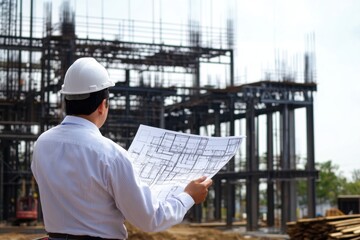 Architect analyzing steel standard blueprints at construction site urban environment professional perspective structural design insight