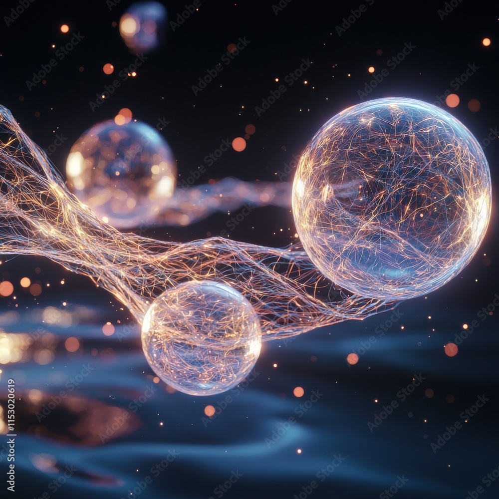 Poster floating orbs connected by glowing threads of energy abstract art digital environment futuristic per