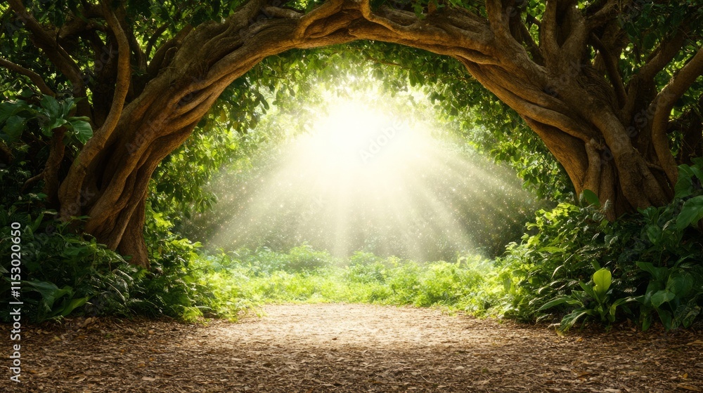 Poster sunlit path through ancient tree archway in lush forest