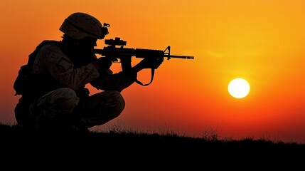 Silhouette of a Soldier Holding a Rifle at Sunset During a Combat Mission