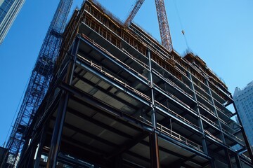 Construction progress of steel beams and girders framework in urban development cityscape structural engineering clear sky upward angle modern architecture