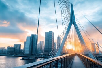 Obraz premium Dynamic steel cables stretching across a majestic suspension bridge in an urban skyline during sunset capturing architectural grandeur and modern engineering marvels