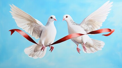 Obraz premium Elegant Doves Embracing in Mid Air with Ribbon Symbolizing Love and Unity