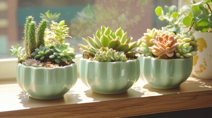 Succulent plant arrangement in mint green ceramic planters sunlit window sill home decor indoor oasis