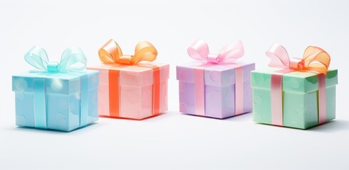 Obraz premium Colorful Gift Boxes with Ribbons on White Background, Perfect for Celebrations, Birthdays, Holidays, or Special Occasions, Displaying Joy and Festivity