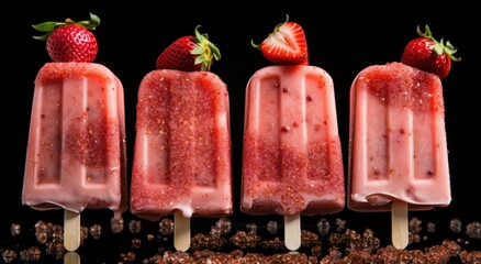 Colorful Strawberry Popsicles on Wooden Sticks with Fresh Berries Against a Black Background for Refreshing Summer Treats and Dessert Ideas