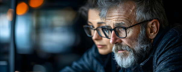 Fototapeta premium Mature Couple's Thoughtful Gaze, Evening Ambiance, Window Reflections, Intimate Portrait, Soft Lighting, Blurred Background, Emotional Depth, Authentic Connection, Gentle Expre
