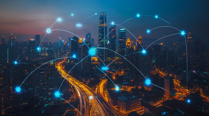 Fototapeta premium Smart digital city with connection cyber security network reciprocity over the cityscape . future smart wireless digital city and social media networking systems that connects people within the city
