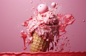 Vibrant Pink Ice Cream Cone with Splashes and Drips of Creamy Strawberry Flavor, Set Against a Soft Pink Background for a Fun and Playful Aesthetic