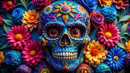 Blue Sugar Skull with Floral Swirls: Day of the Dead Artistic Still Life Photography