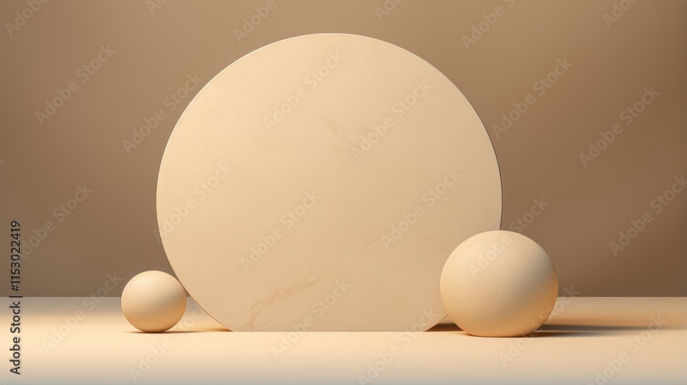 Poster minimalist composition of geometric shapes featuring a large circular disc and two smaller spheres i