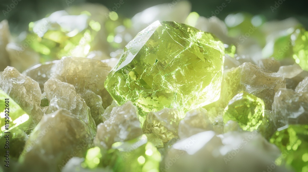 Poster closeup of glowing rough peridot textures nature setting mineral illuminated background macro concep