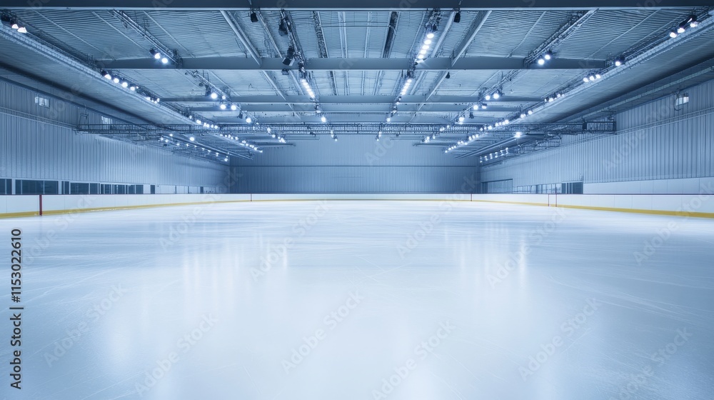 Poster a pristine ice skating rink with neatly arranged skates and safety gear, an open, well-lit arena wit
