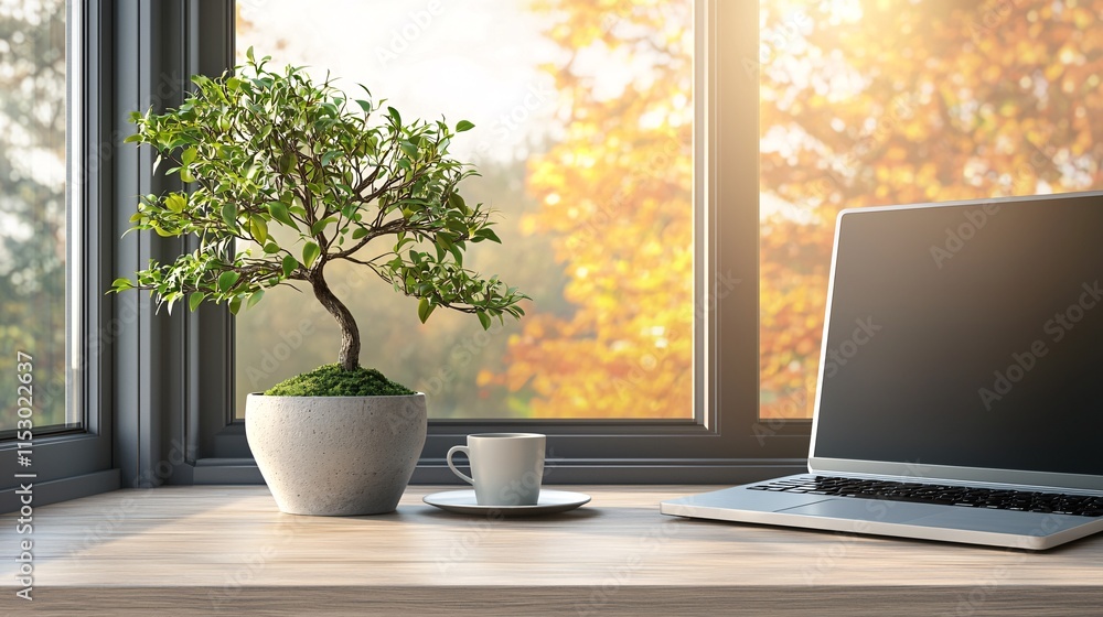 Poster a zen-inspired workspace featuring clean lines natural wood elements and a potted bonsai stock photo