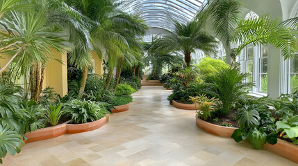 Fototapeta premium Serene Indoor Garden, Lush Tropical Plants Flourish in Sunlit Conservatory