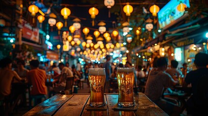 Obraz premium Two Beers on a Wooden Table at a Night Market with Lanterns