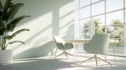 Mint green aesthetic office space with modern furniture and natural light minimalist design concept